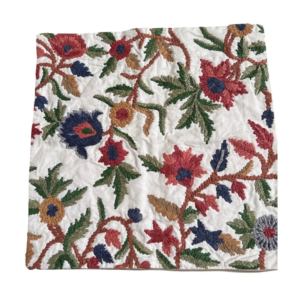 Pottery Barn Embroidered Floral Linen Pillow Cover 22x22 Ivory Multi